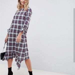 ASOS DESIGN soft trapeze midi dress with pephem in blue and red check